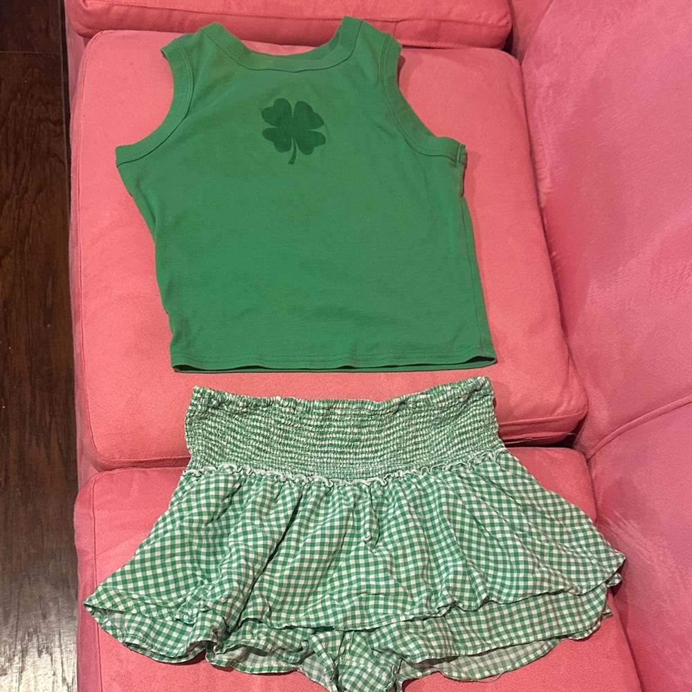 Green Clover Tank Top and Gingham Skirt Set
